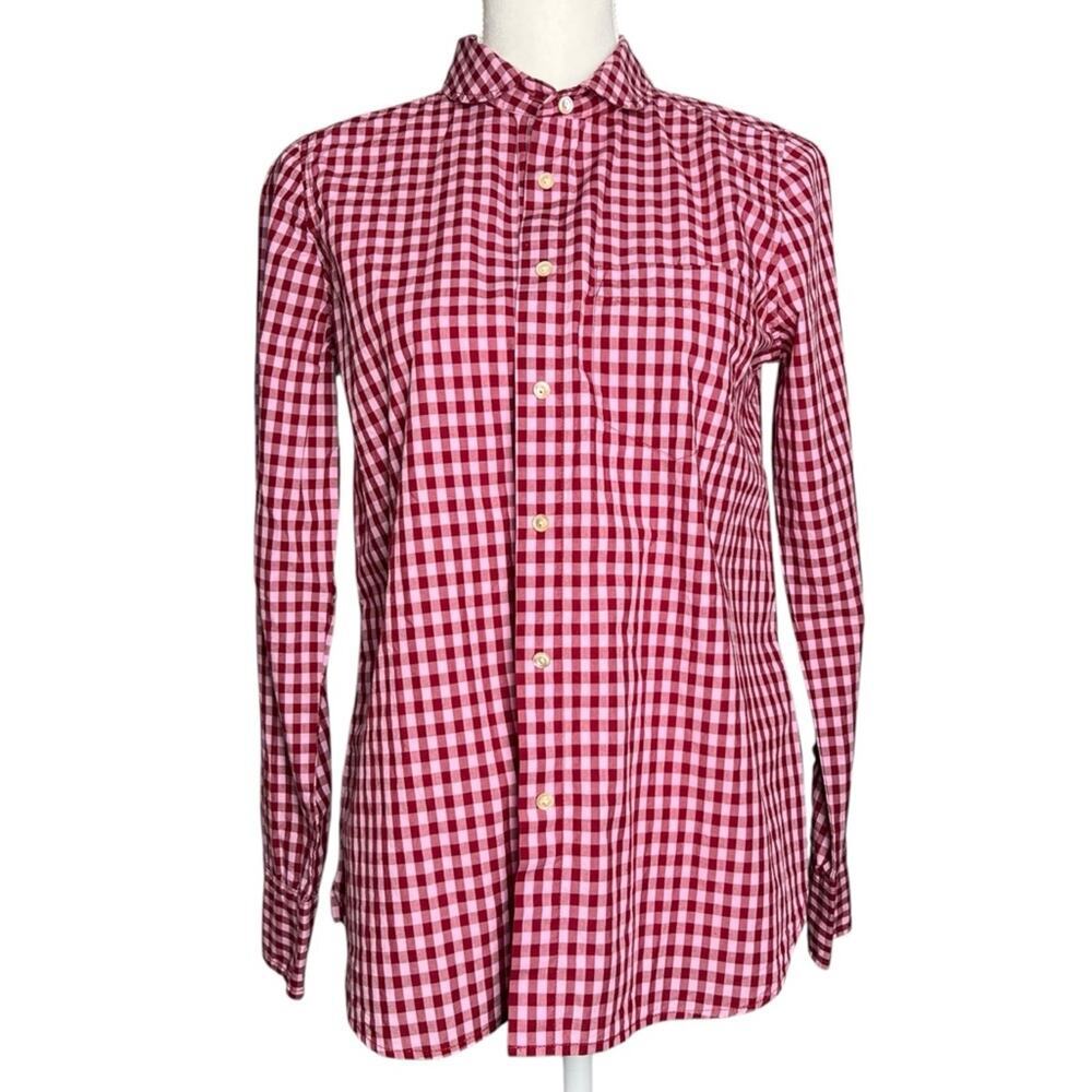 J. Crew Women’s Boy Fit Button Down Shirt Red Pink Plaid Size 4 100% Cotton
